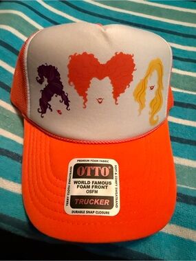 Hocus Pocus OTTO Bright Orange Trucker Hat with Multicolor Hair Silhouettes